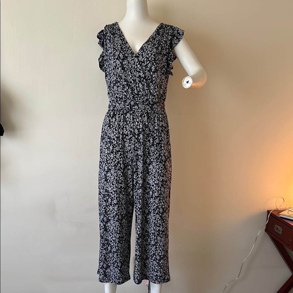 Kaileigh Blue and White Jumpsuit with V-Neck and Wide-Leg